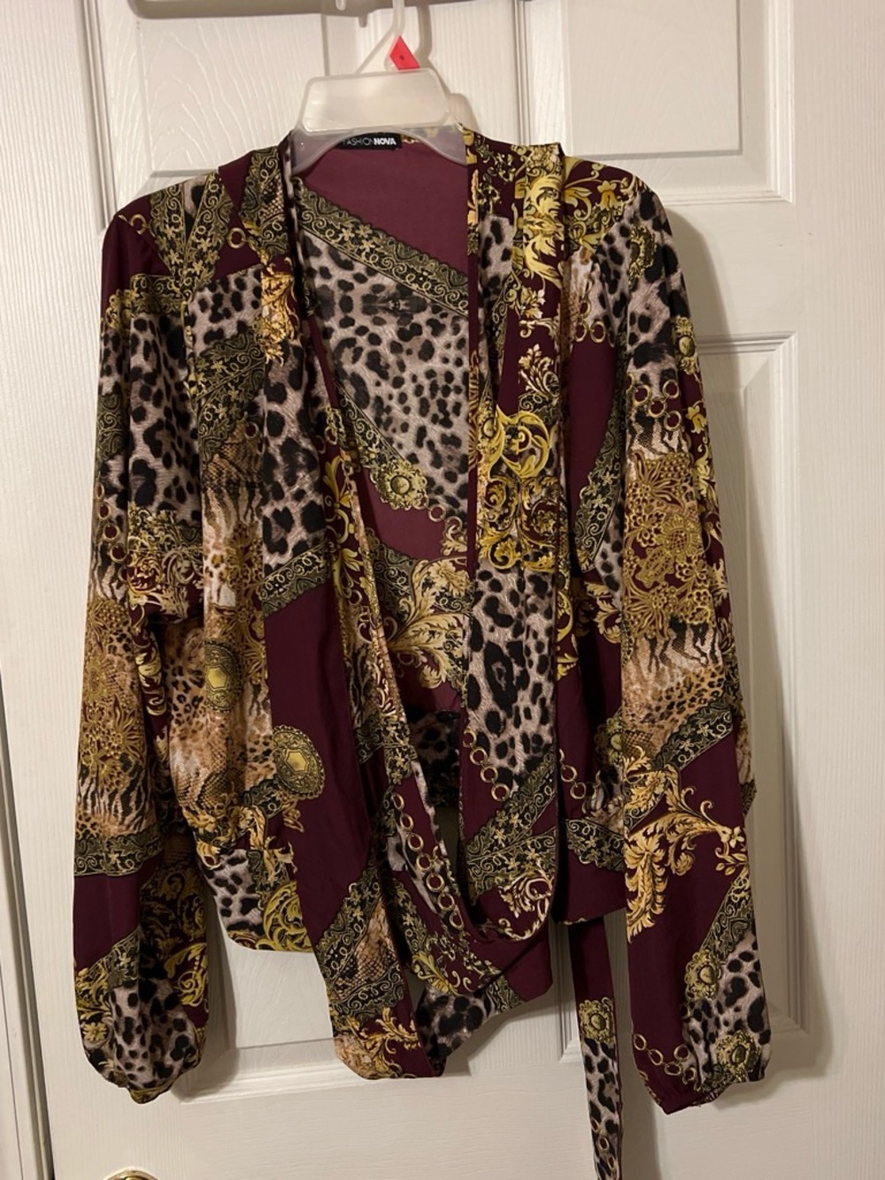 Fashion Nova Burgundy and Gold Baroque Print Draped Blouse